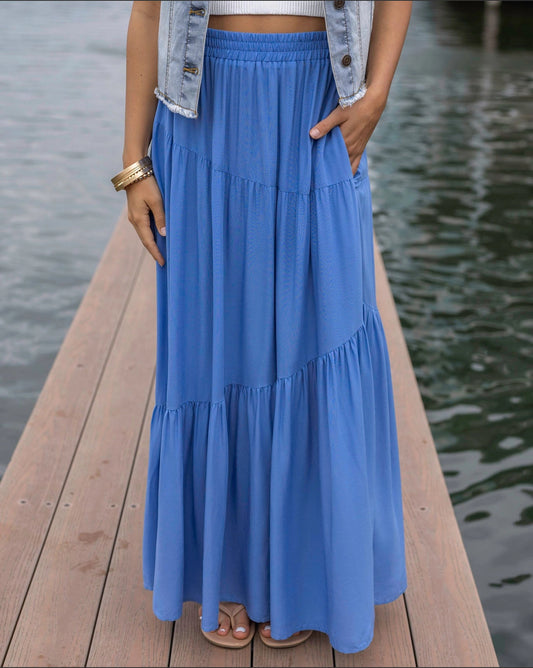 Grace & Lace pocketed tiered maxi skirt in cornflower blue