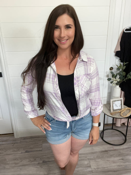 The Living for Lilac plaid button up